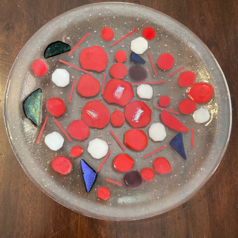 Vintage‎ Studio Art Glass Plate Abstract Geometric Fused Iridescent Red Cobalt